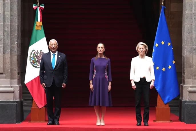 Presidenta Claudia Sheinbaum recibe al presidente del Consejo Europeo, Antonio Costa y a la presidenta de la Comisión Europea, Ursula von der Leyen en Palacio Nacional